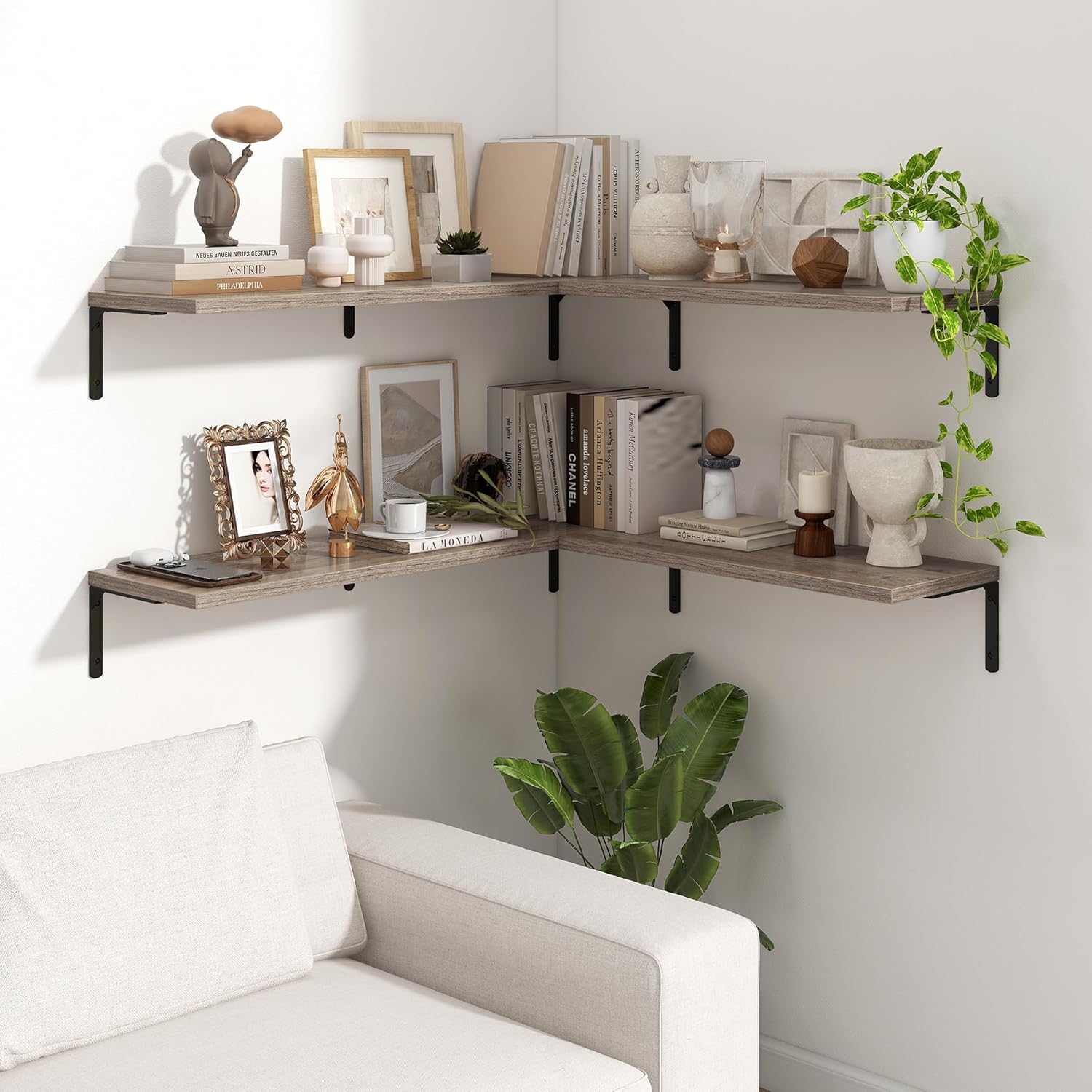 Fun Memories Deep Floating Shelves, 36W x 8D Floating Shelves Set of 2, Wall Mounted Shelf with Metal Brackets, Rustic Wood Wall Shelf for Bathroom, Kitchen and Living Room, Grey