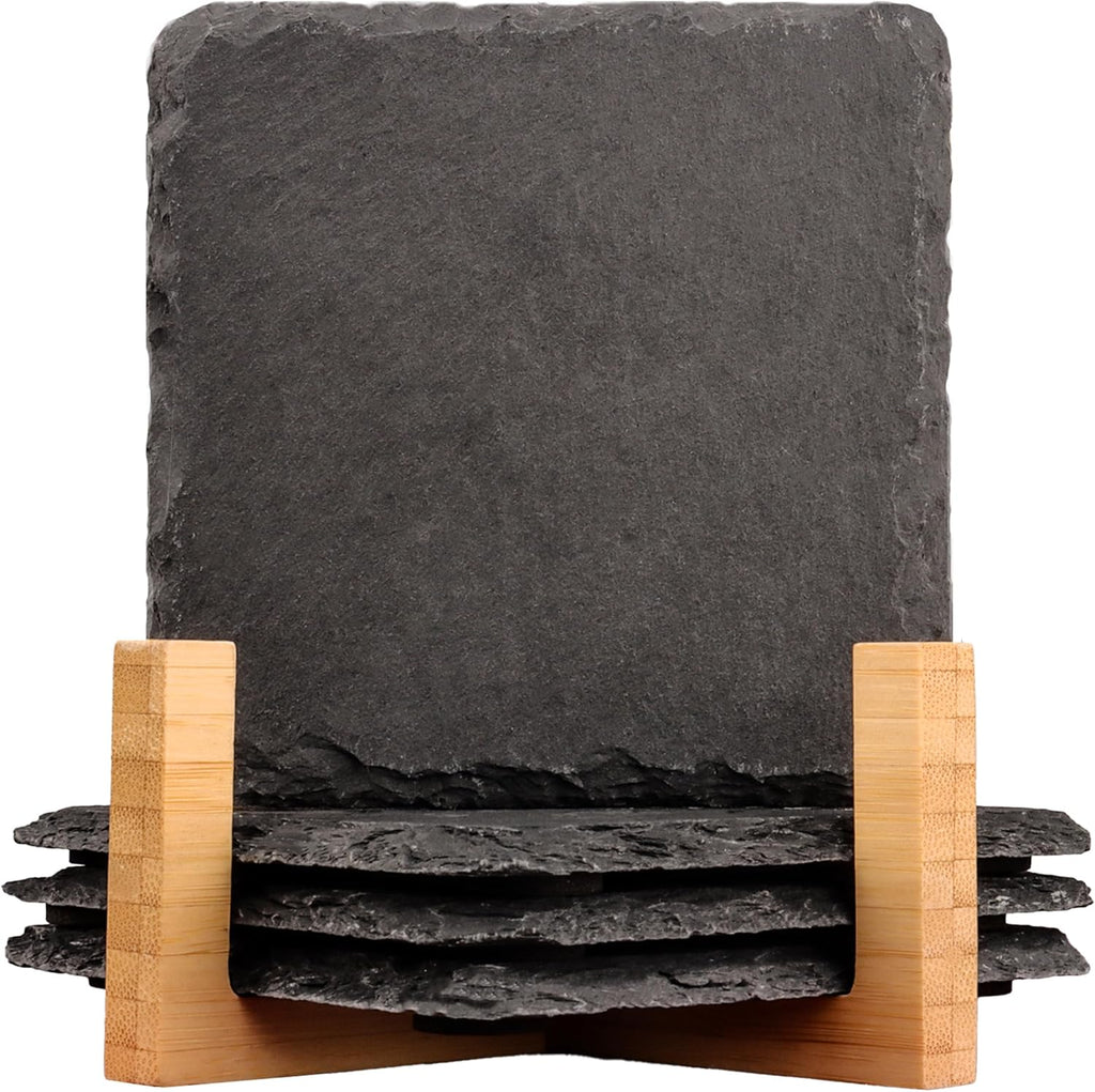 Black Natural Stone Coasters Set of 4, Sleek Minimalist Square Drink Coasters with Natural Edge, Durable Anti-Scratch Table Décor for Home, Kitchen, Bar & Office, Protects Wood & Glass Surfaces