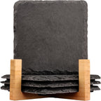 Black Natural Stone Coasters Set of 4, Sleek Minimalist Square Drink Coasters with Natural Edge, Durable Anti-Scratch Table Décor for Home, Kitchen, Bar & Office, Protects Wood & Glass Surfaces
