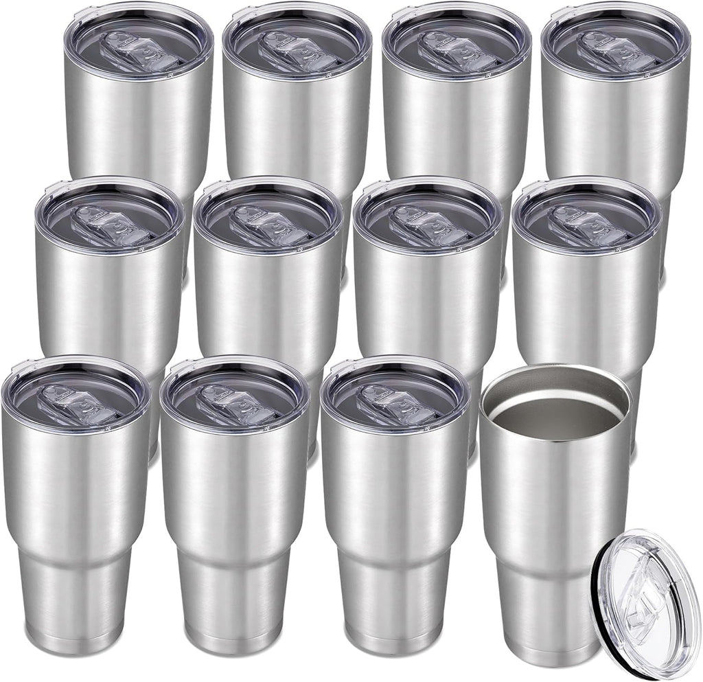 30 oz Tumbler with Lid Stainless Steel Tumblers Bulk Vacuum Insulated Cup Reusable Powder Coated Travel Mug Double Wall Leak Proof Cups Keep Cold Drinks for 12 Hours Stainless, Set of 12