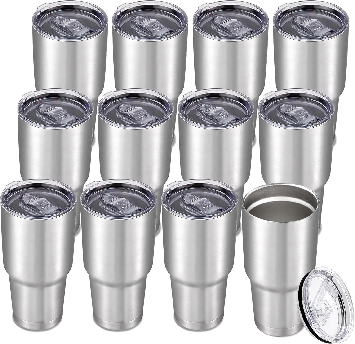 30 oz Tumbler with Lid Stainless Steel Tumblers Bulk Vacuum Insulated Cup Reusable Powder Coated Travel Mug Double Wall Leak Proof Cups Keep Cold Drinks for 12 Hours Stainless, Set of 12