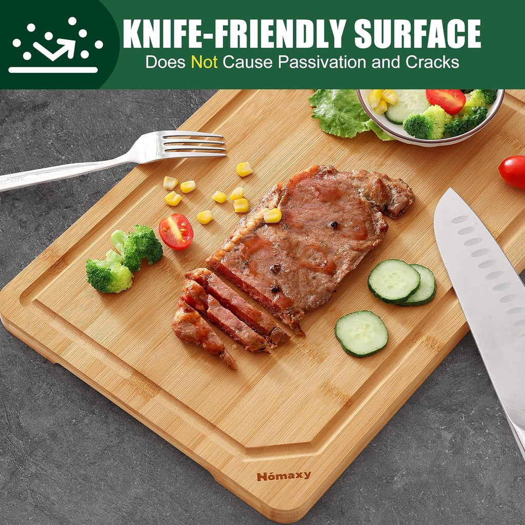Homaxy Organic Bamboo Cutting Boards for Kitchen, 15"x10" Wooden Medium Cutting Board with Juice Groove and Handles, Charcuterie Butcher Block Wood Serving & Chopping Board - Pre Oiled