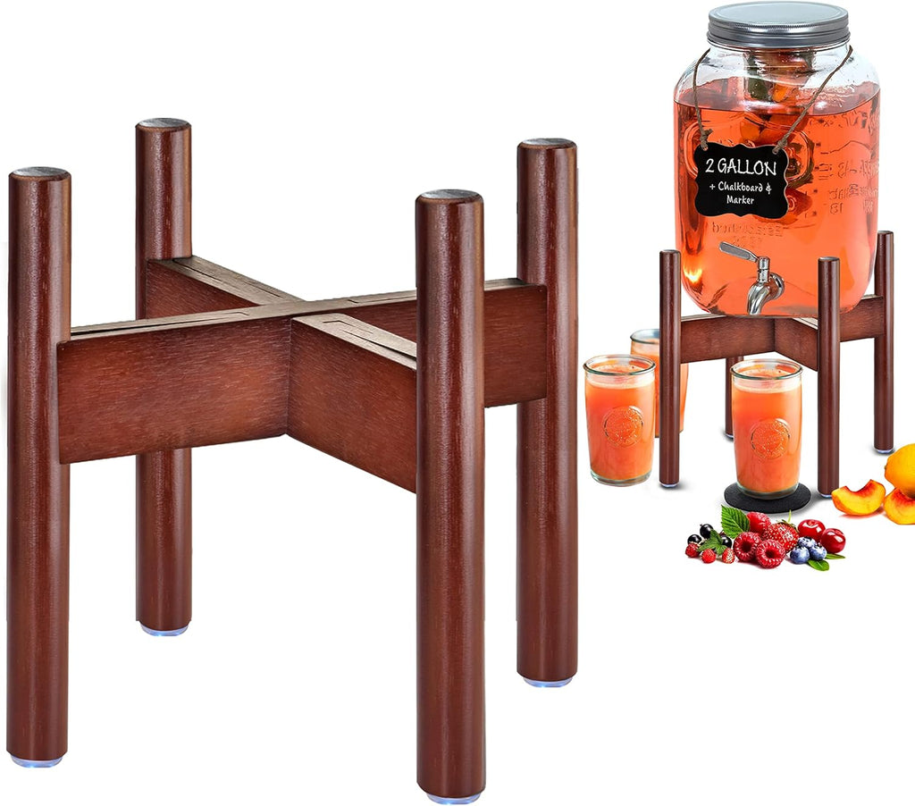 Drink Dispenser Stand - Ideal for Drinks Beverages Water Lemonades and Juices - Adjustable, fits Various Sizes of Glass Plastic and Ceramic Dispensers [1-2 Gallon cap] - Dark Wood