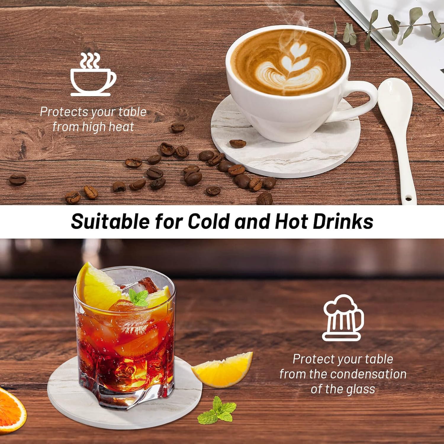 Caffox Coasters Set of 10, Absorbent Drink Coasters with Holder, Marble Style Ceramic Coaster for Wooden Table, Home Decor, 4 Inches(Griege)