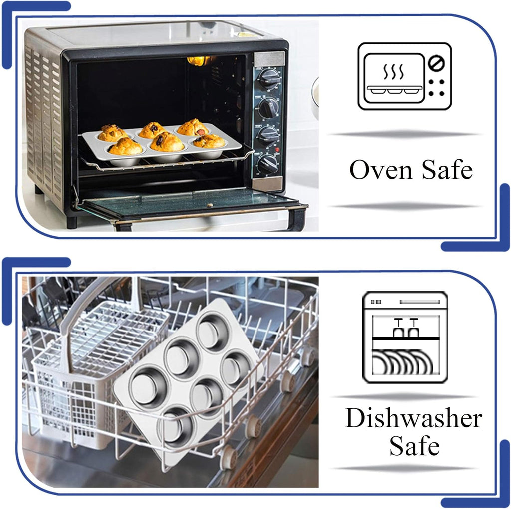 TeamFar Muffin Pan, 6 Cup Muffin Pan for Baking, Cupcake Pan Muffin Tin Tray Set Stainless Steel for Making Cakes Cornbread Quiche and More, Healthy & Durable, Oven & Dishwasher Safe