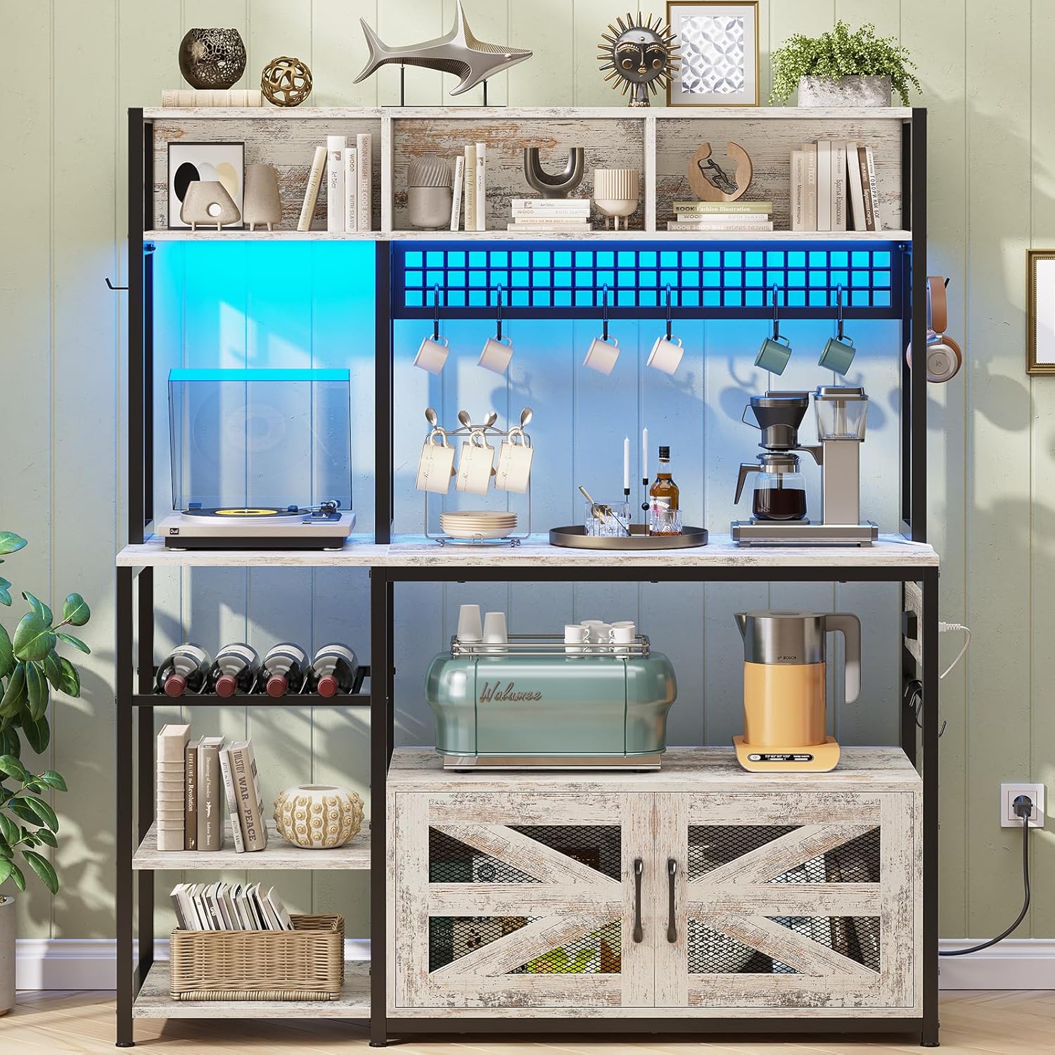 Itaar 47.2 Inch Bakers Rack with Power Outlet, Microwave Stand with Storage, Farmhouse Coffee Bar Cabinet Station with Wine Rack, Iron Grid and 8-S Hooks, Vintage White