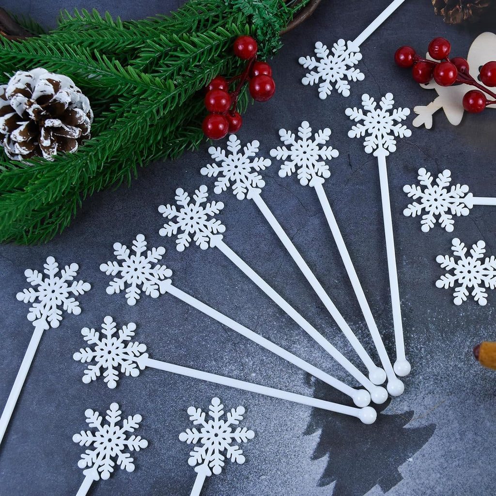 60pcs Snowflake Drink Stirrers Christmas Plastic Swizzle Sticks Beverage Winter Stir Sticks Reusable Coffee Cocktail Stirrers Bar Supplies for Cocktail Xmas Party Decor Winter Holiday Cocoa Bar