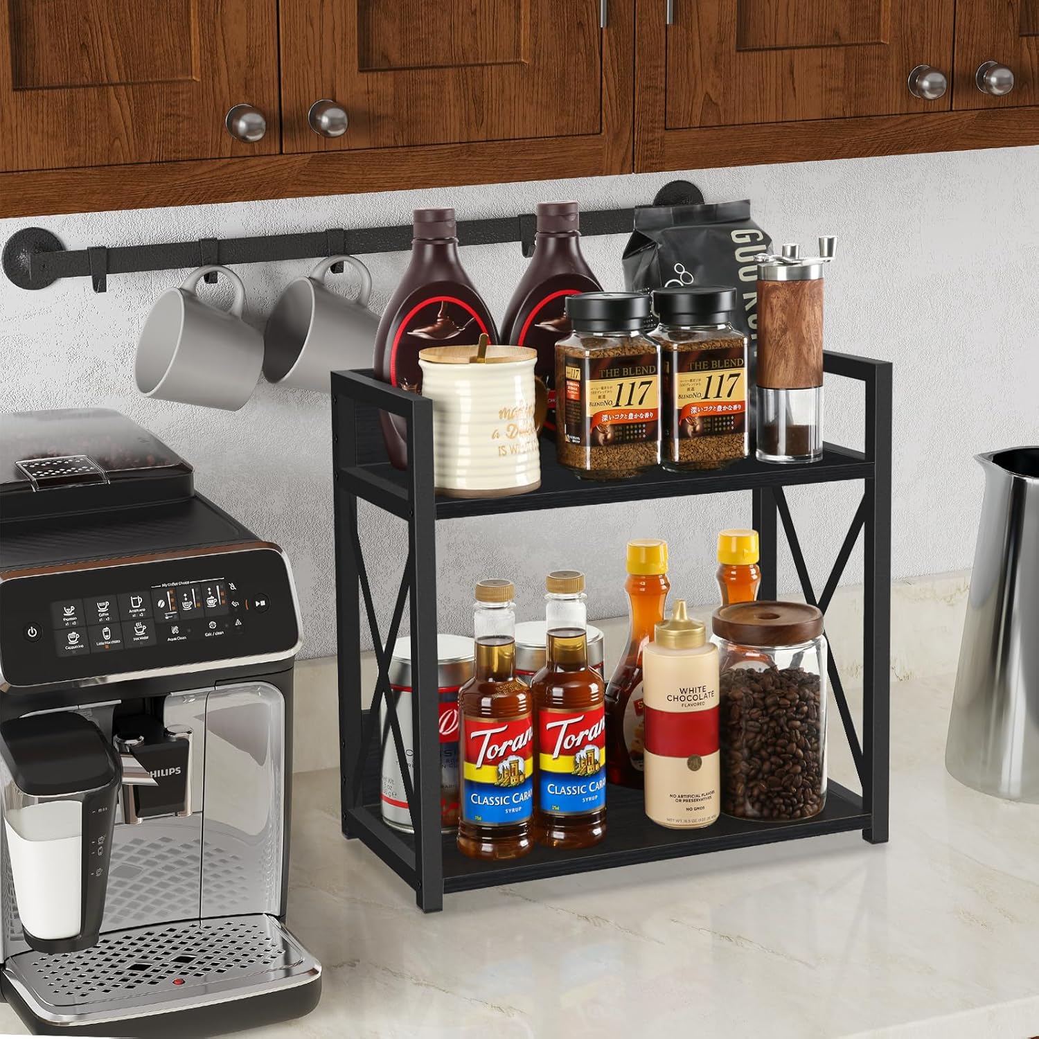 YINMIT Countertop Shelf Organizer,Coffee Bar Accessories,Spice Rack,Coffee Counter Shelf,2 Tier Coffee Organizer Station for Mugs,Cups,Cream,Syrup(Black, Large)
