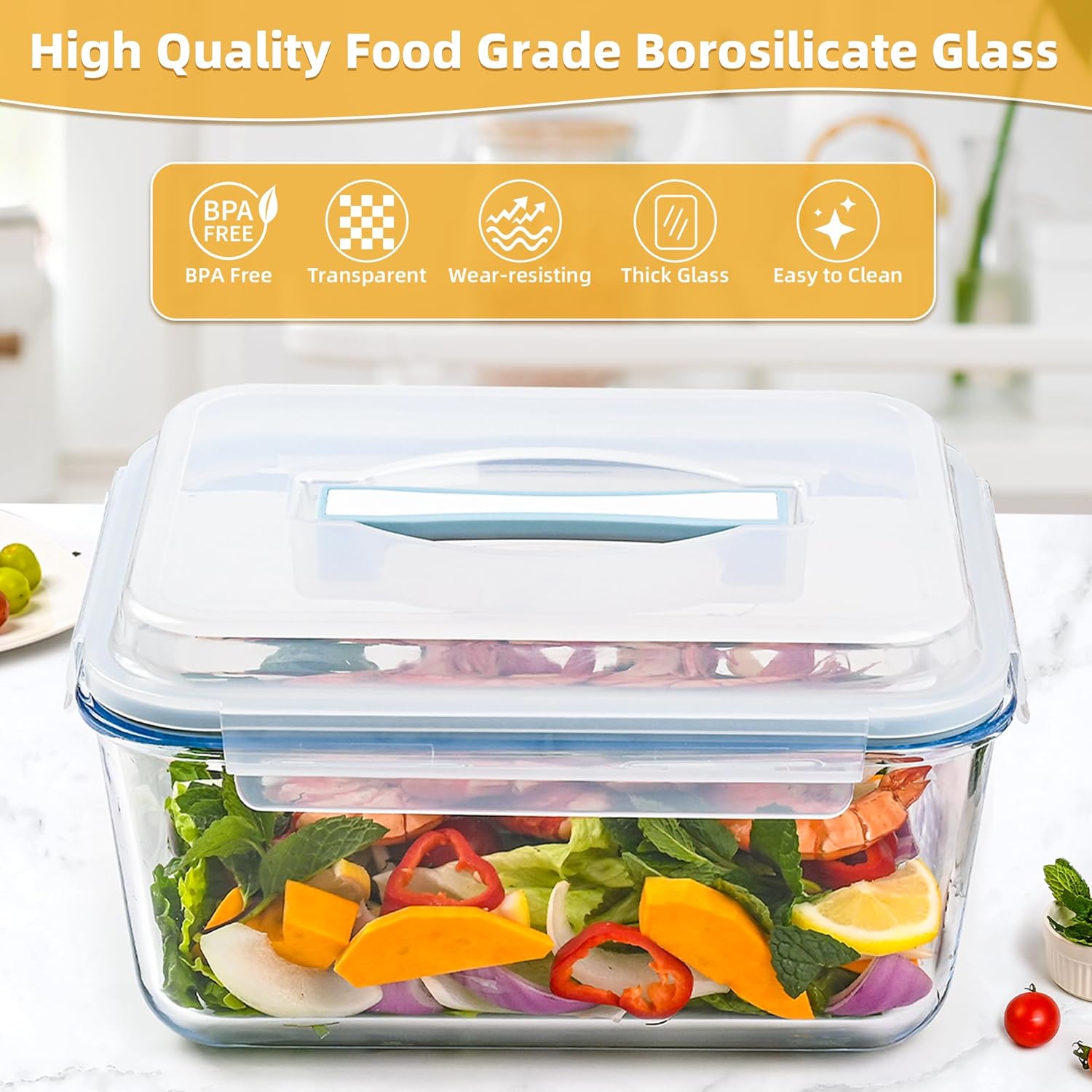 Glass Bread Box Airtight Bread Container, 190oz / 24Cup Large Glass Storage Containers with Lids, Ideal Airtight Food Storage Containers, Roasting Turkey/Chicken/Cookie, Oven&Dishwasher Safe