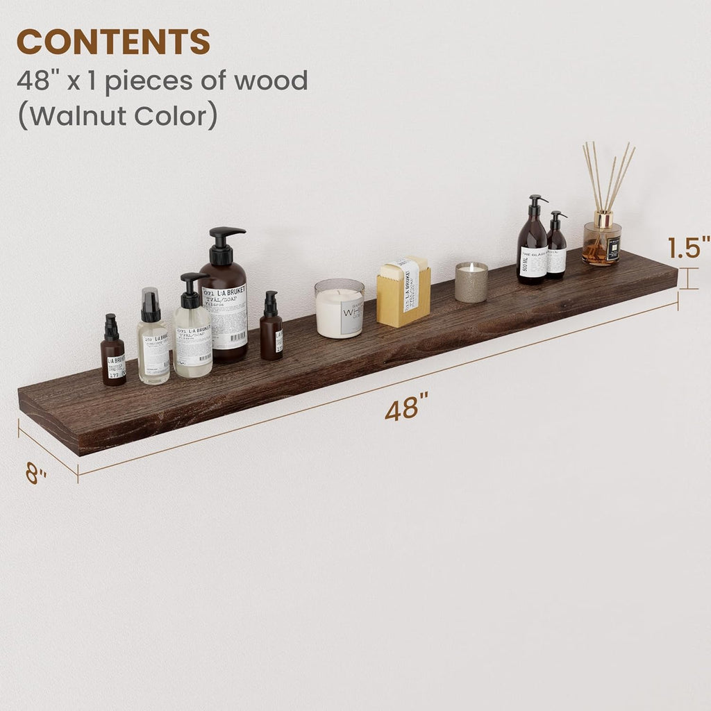 Floating Shelves for Wall Decor, 8 Inch Deep Rustic Solid Elm Wood Floating Shelves Wall Mounted, Wall Shelves with Invisible Bracket for Living Room Bathroom Bedroom Kitchen, 48 Inch Set of 1, Walnut