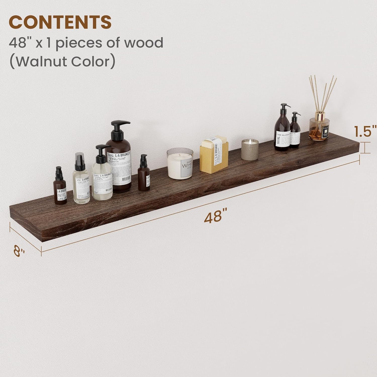 Floating Shelves for Wall Decor, 8 Inch Deep Rustic Solid Elm Wood Floating Shelves Wall Mounted, Wall Shelves with Invisible Bracket for Living Room Bathroom Bedroom Kitchen, 48 Inch Set of 1, Walnut