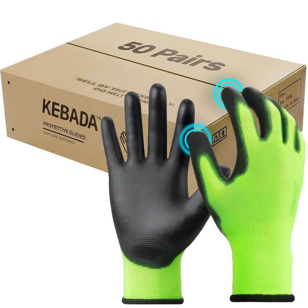 Kebada W1 Work Gloves for Men and Women, Touchscreen PU Coated Gloves with Grip, 50 Pairs Bulk Pack, Ideal for Warehouse Package Handling, Construction, Gardening, Green Medium
