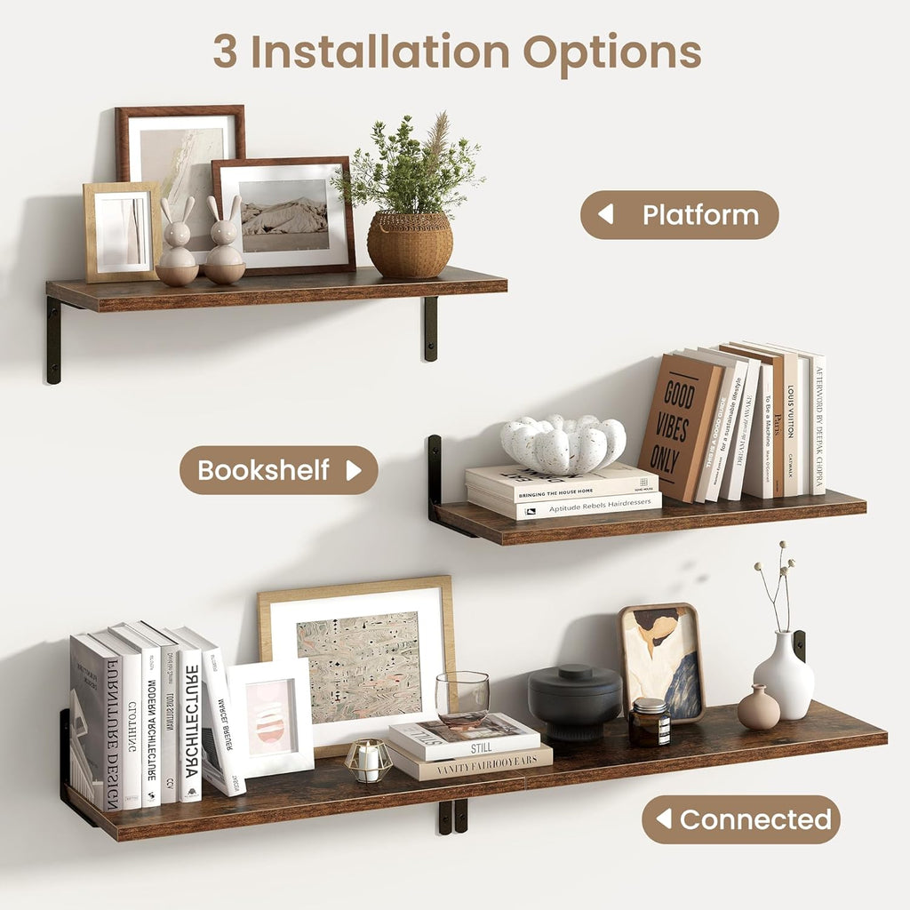 Fun Memories Deep Floating Shelves, 24W x 8D Floating Shelves Set of 2, Wall Mounted Shelf with Metal Brackets, Rustic Wood Wall Shelf for Bathroom, Kitchen and Living Room, Rustic Brown