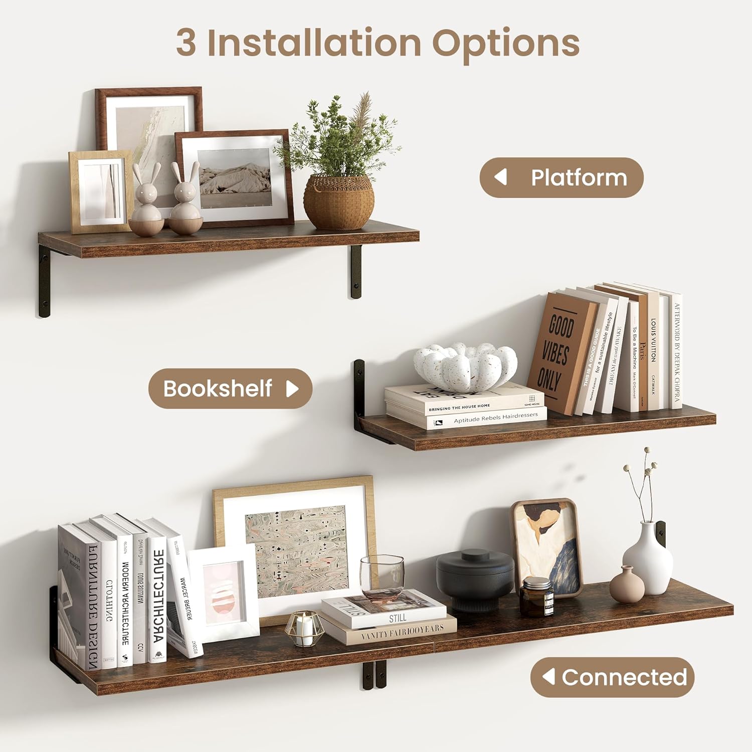 Fun Memories Deep Floating Shelves, 24W x 8D Floating Shelves Set of 2, Wall Mounted Shelf with Metal Brackets, Rustic Wood Wall Shelf for Bathroom, Kitchen and Living Room, Rustic Brown