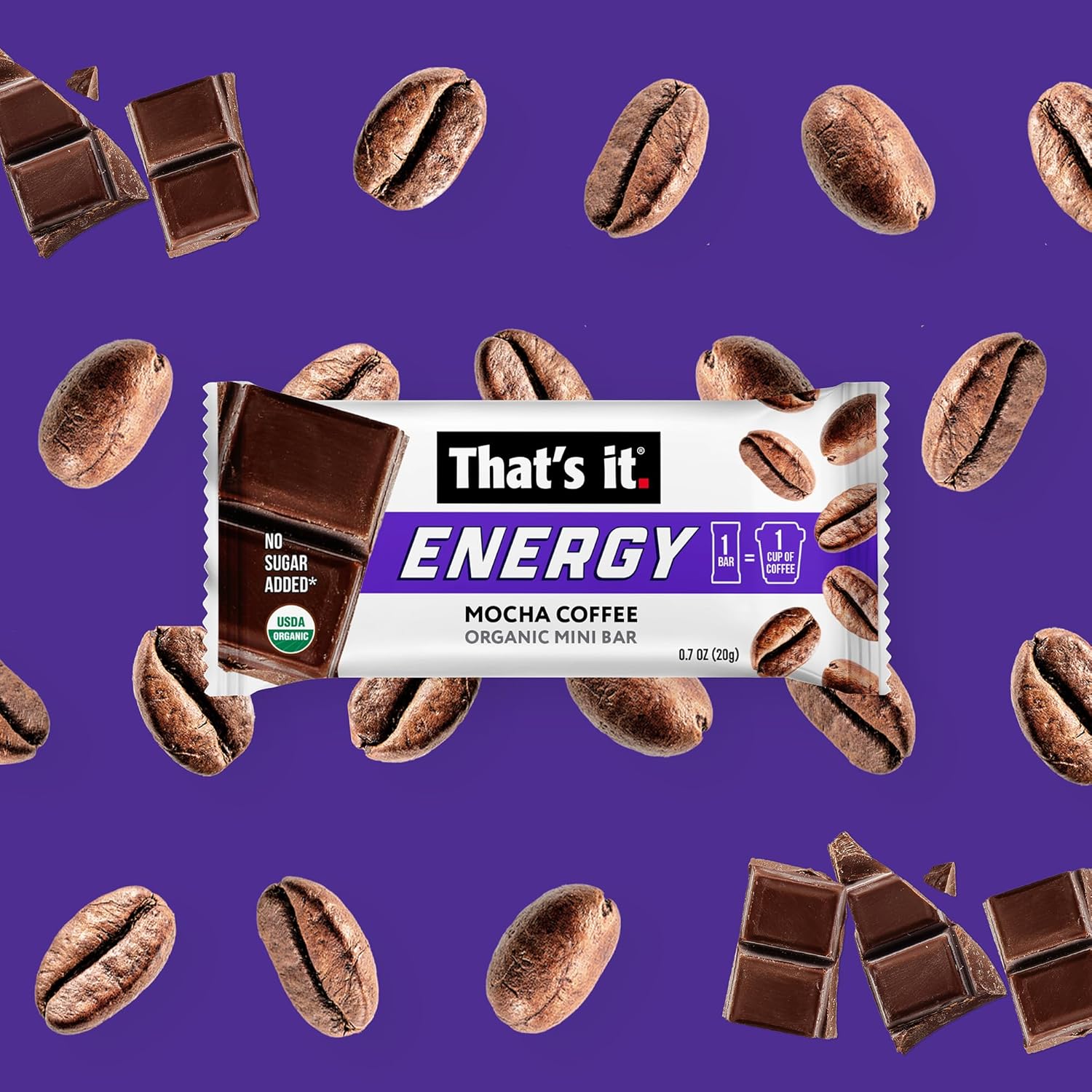 That’s it. Organic Energy Coffee Mini Bars - (1 Mini Bar = 1 Cup of Coffee) Grab and Go, No Added Sugars, Non-GMO, Caffeine Power Snack, Kosher, Allergy Friendly (Mocha Coffee - 15 Count)