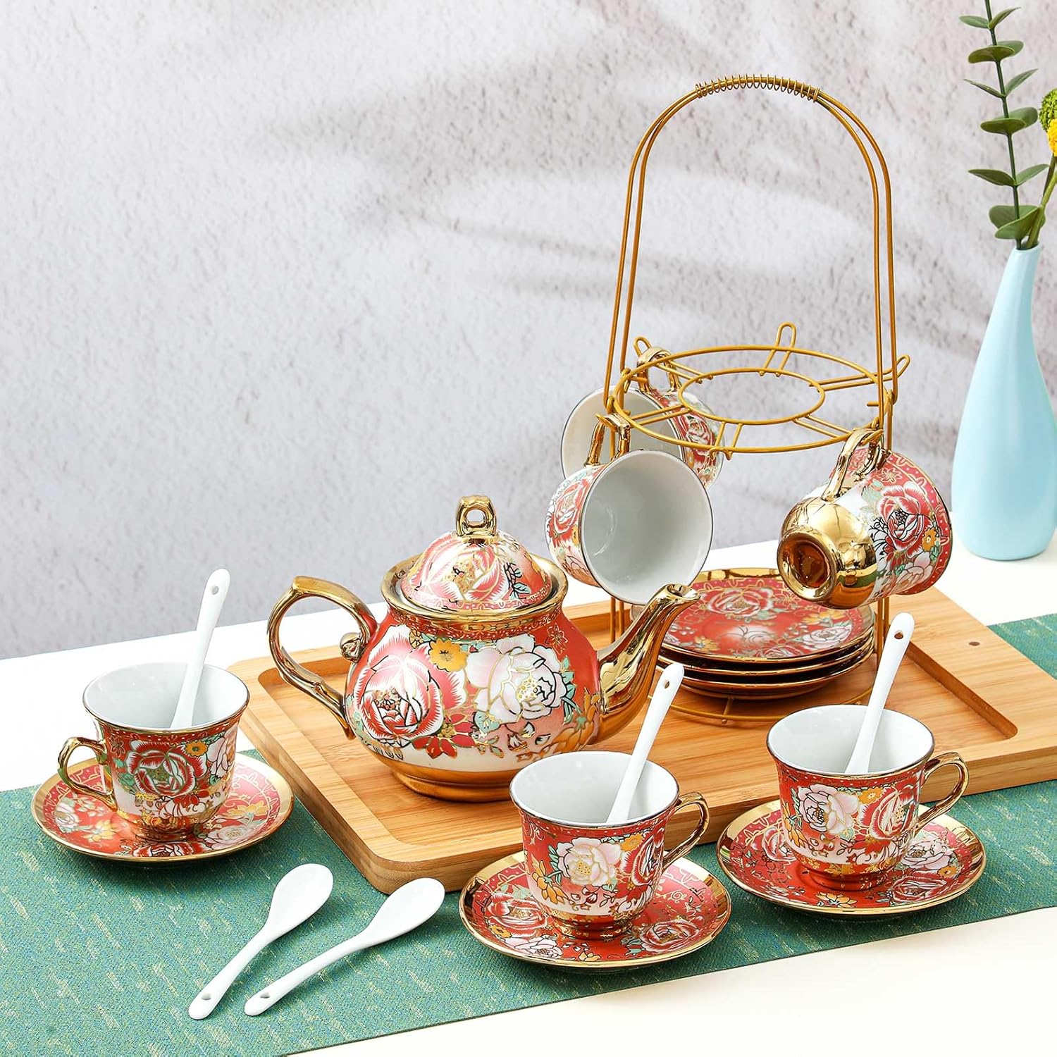 Zhehao 20 Pcs Porcelain Tea Set with Metal Holder and Spoon Adult Ceramic Tea Party Set European Flower Painting Teapot Cup Saucer Spoon Set for Women, Large Version(Noble Style)