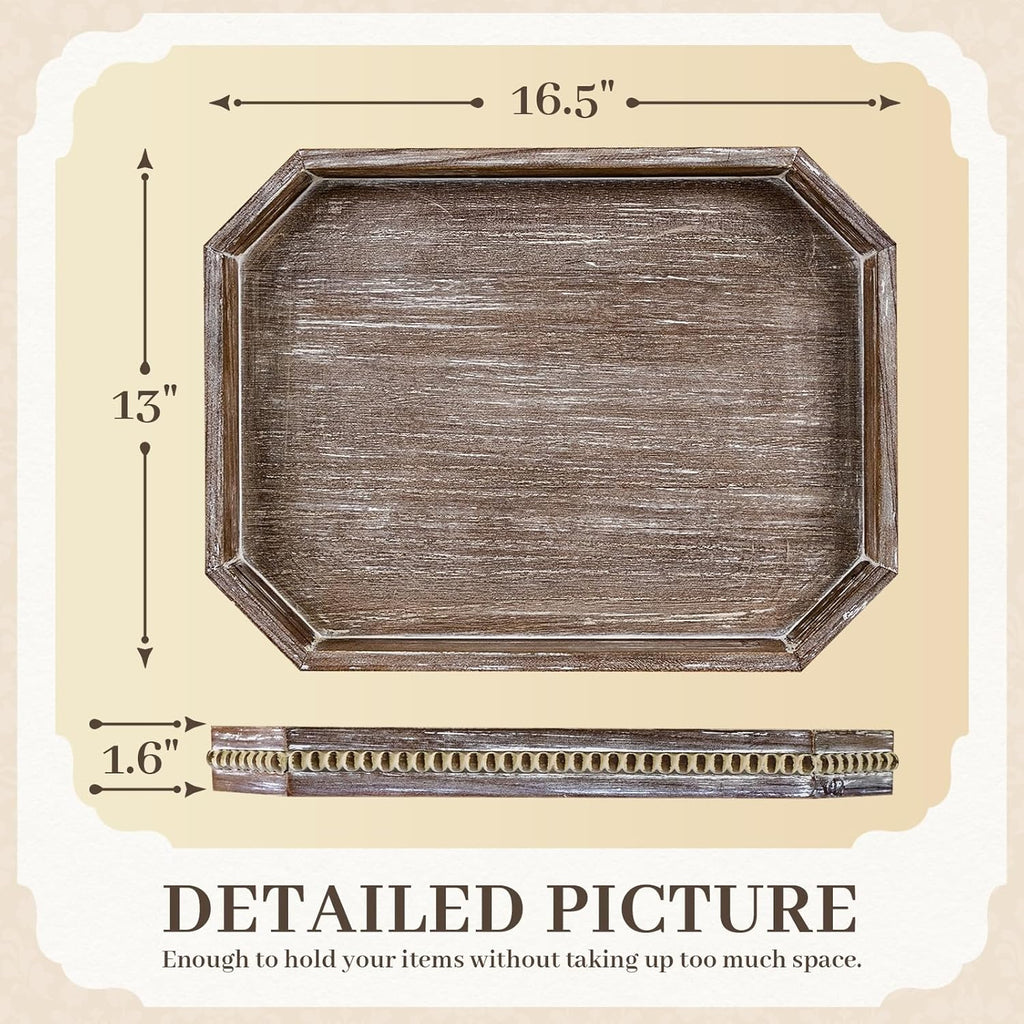 Wooden Decorative Tray, Rustic Serving Tray with Wood Bead, Farmhouse Big Tray for Ottoman, Countertop, Coffee Tabl, 16.5" x 13"x 1.6" (Retro Brown)
