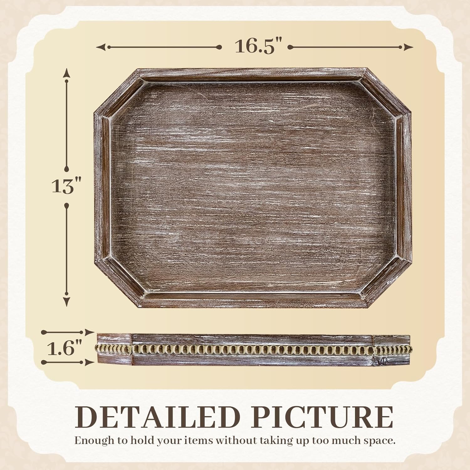 Wooden Decorative Tray, Rustic Serving Tray with Wood Bead, Farmhouse Big Tray for Ottoman, Countertop, Coffee Tabl, 16.5" x 13"x 1.6" (Retro Brown)