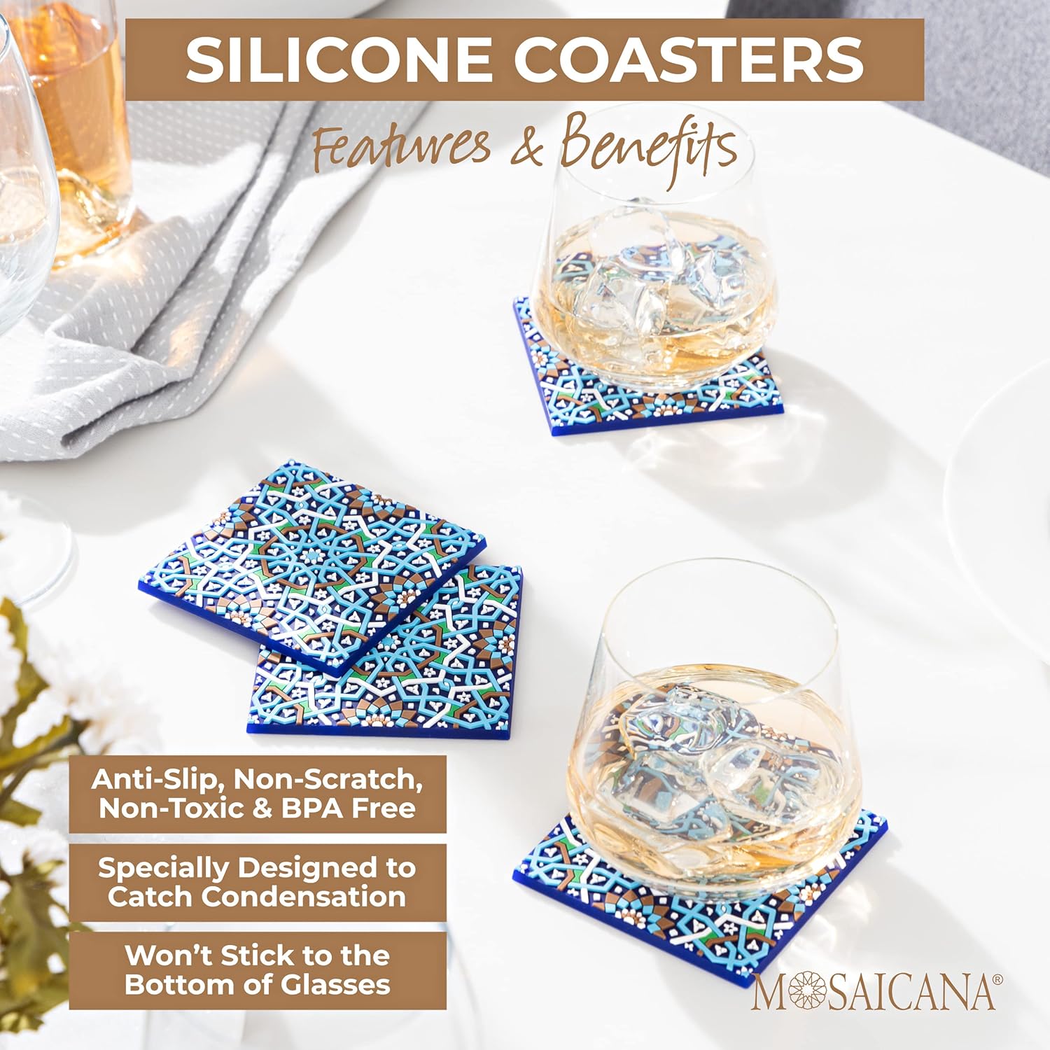 Set of 4 Silicone Coasters - Protect Against Water Marks or Damage - Fits All Cups, 3.5" Size, Blue Morocco