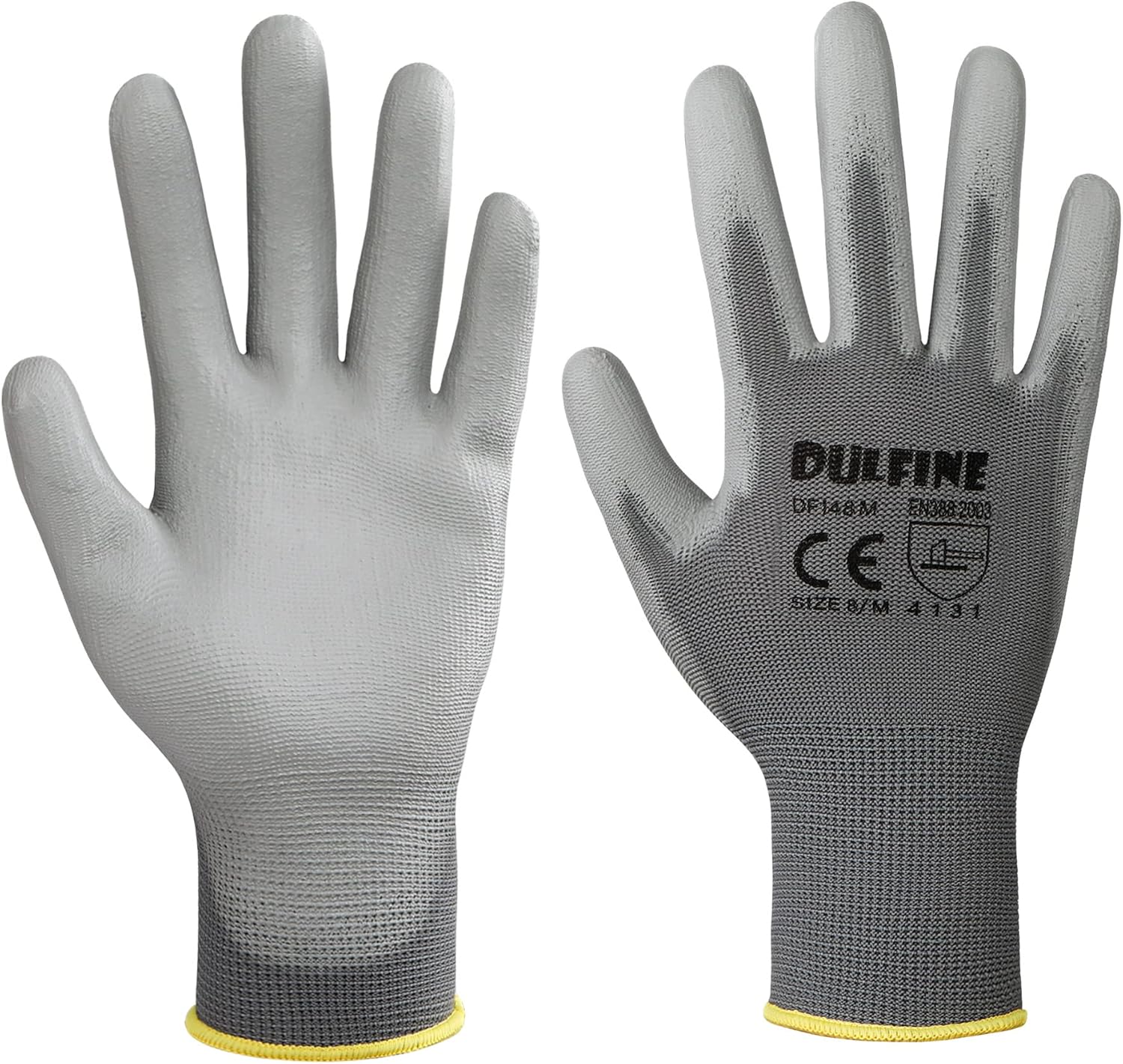 DULFINE Safety Work Gloves for Men PU Coated 60 Pairs Bulk Pack,Grey Seamless Knit Glove with thin Polyurethane Coated Smooth Grip on Palm & Fingers,Ideal for General Duty Work (Extra Large)