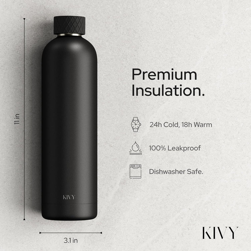 KIVY Stainless Steel Insulated Water Bottle 32oz [LEAK PROOF] Cold Up to 24 Hours, Hot Up to 18 Hours - Insulated Stainless Steel Water Bottle - Thermo Flask Drinking Bottle - BPA Free Water Bottle