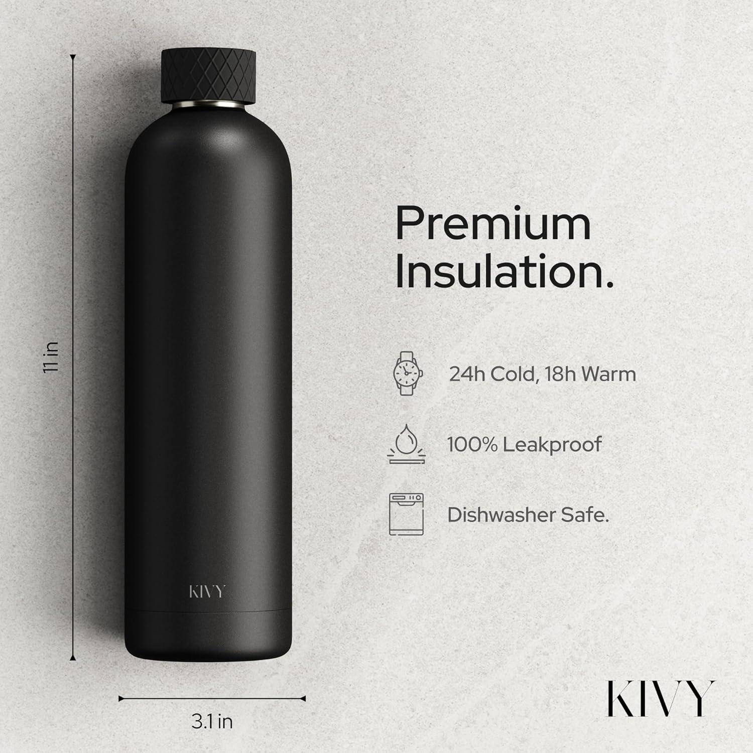 KIVY Stainless Steel Insulated Water Bottle 32oz [LEAK PROOF] Cold Up to 24 Hours, Hot Up to 18 Hours - Insulated Stainless Steel Water Bottle - Thermo Flask Drinking Bottle - BPA Free Water Bottle