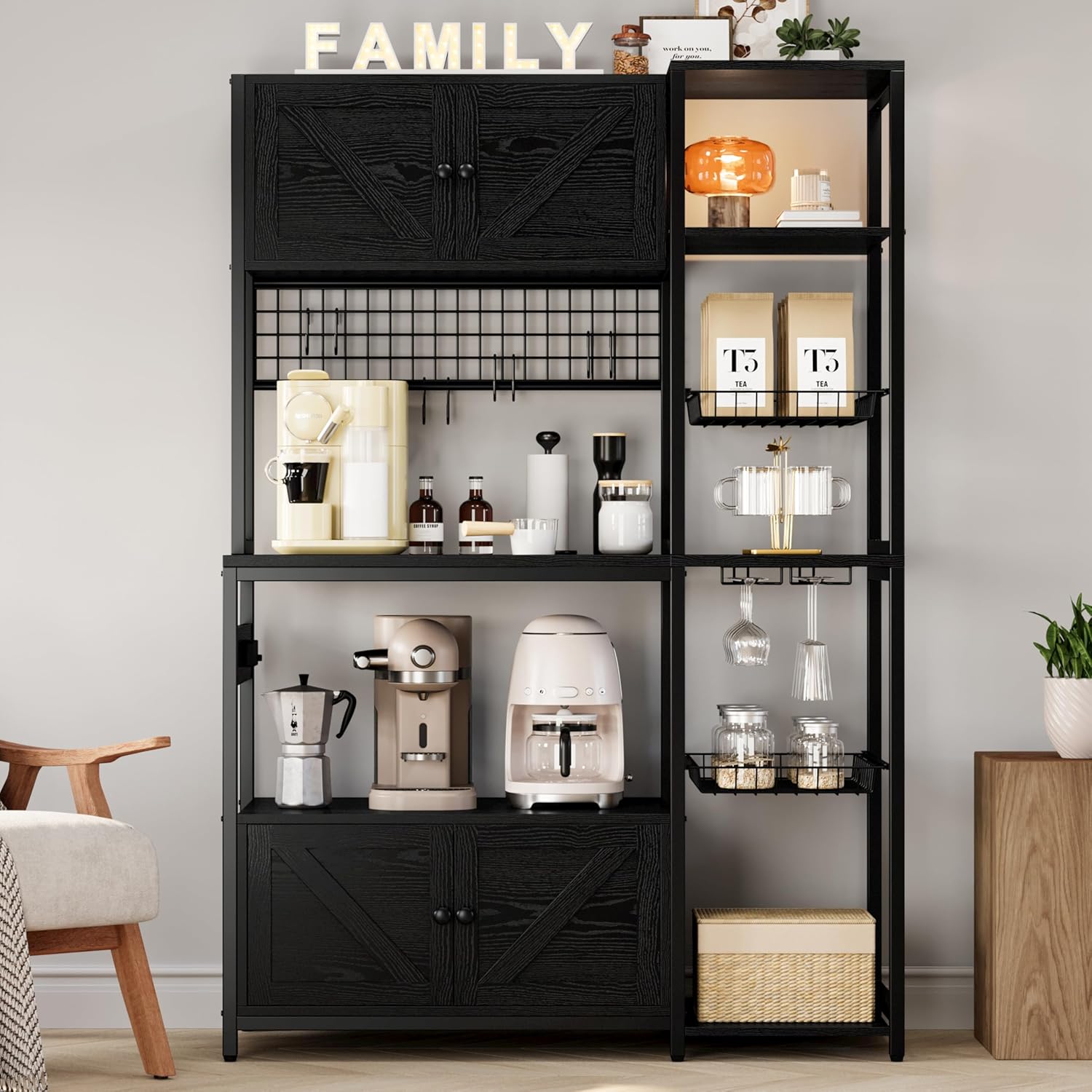 IRONCK Bakers Rack with 2 Storage Cabinets and Power Outlet, 45.3 Inch Industrial Coffee Bar Cabinet Shelves, Kitchen Microwave Stand with Storage, Vintage Black