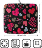 Happy Valentine's Day Black Dish Drying Mat for Kitchen Counter,Pink Love Heart Drying Mat 16 x 18 Inch with High Absorbent Microfiber Drainer Mat for Coffee Bar