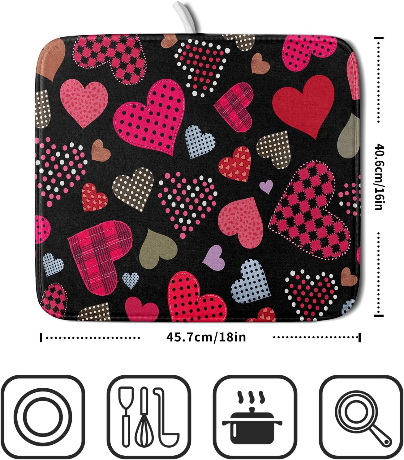 Happy Valentine's Day Black Dish Drying Mat for Kitchen Counter,Pink Love Heart Drying Mat 16 x 18 Inch with High Absorbent Microfiber Drainer Mat for Coffee Bar
