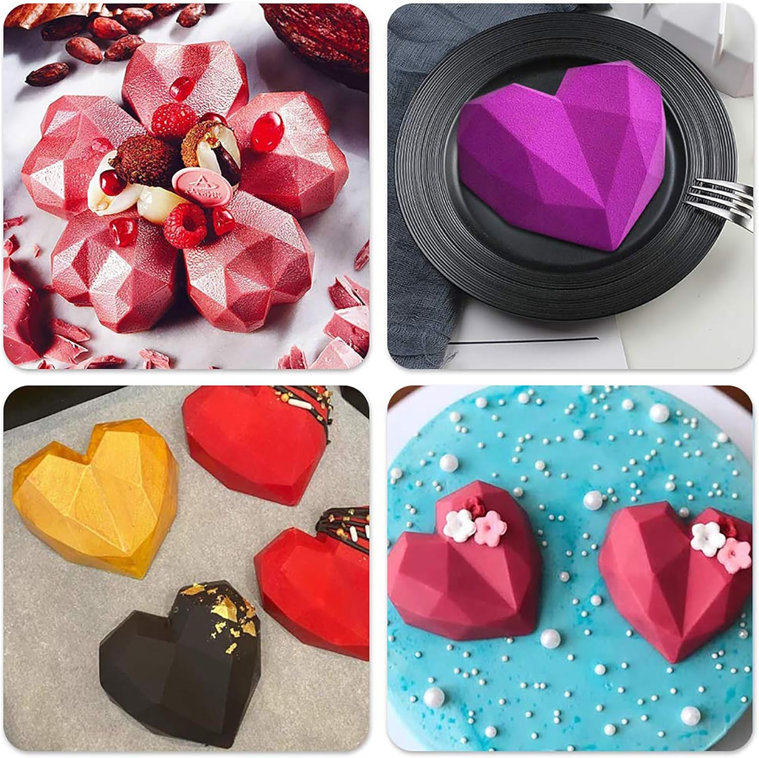 2 Pack Diamond Heart Silicone Mold, 8 Cavities & 6 Cavities Non-stick Easy Release Heart Shaped Silicone Mold Tray for Mousse Cake Dessert, Candy, Chocolate Mold
