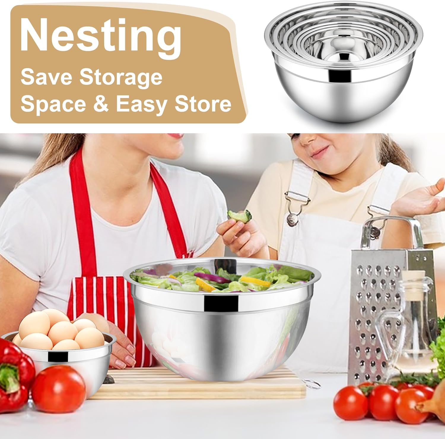 E-far Mixing Bowls with Lids, 12-Piece Stainless Steel Salad Bowls Metal Nesting Bowls for Baking Cooking and Prepping, Airtight Lids & Stackable Design, Size 7, 4.5, 3, 1.5, 1.2, 0.7 QT (Khaki)