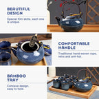 DUJUST Japanese Tea Set for 6, Kiln Altered Glaze Porcelain Tea Set with 1 Teapot, 6 Tea Cups & 1 Tea Tray, Unique Chinese Tea Sets for Adults/Tea Lovers/Women/Men, Blue