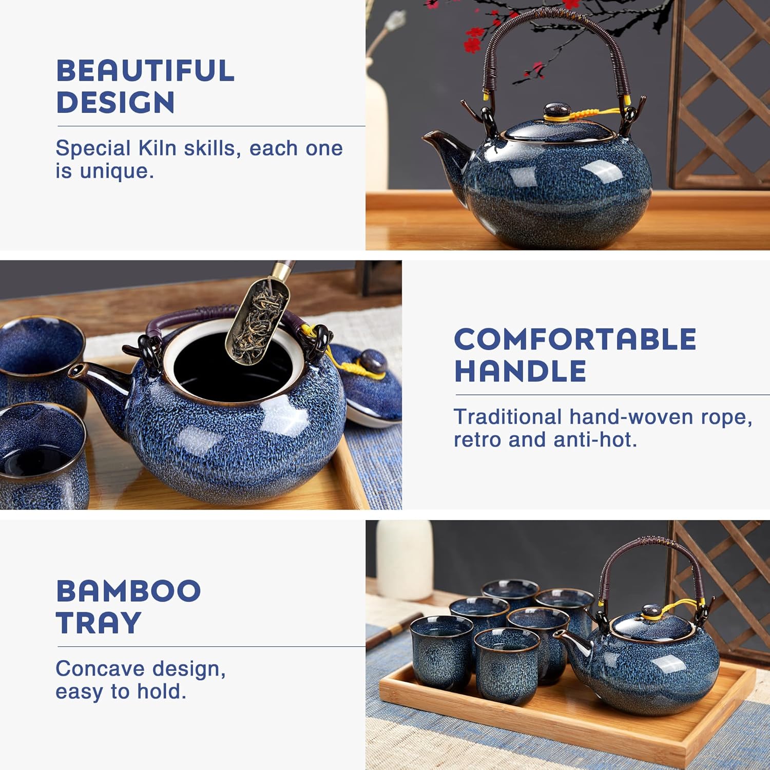 DUJUST Japanese Tea Set for 6, Kiln Altered Glaze Porcelain Tea Set with 1 Teapot, 6 Tea Cups & 1 Tea Tray, Unique Chinese Tea Sets for Adults/Tea Lovers/Women/Men, Blue
