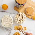 900ML/30Oz Clear Cute Glass Storage Canister Holder with Airtight Bamboo Lid, Modern Decorative Medium Container Jar for Coffee, Spice, Candy, Salt, Cookie, Condiment, Pepper, Sugar