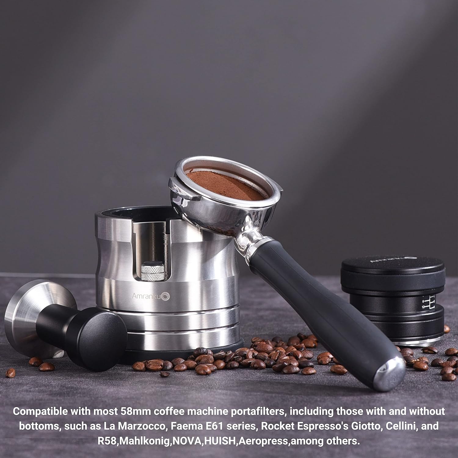 Portafilter Holder - Espresso Tamping Station Crafted from Solid 304 Stainless Steel for Most 58mm Portafilters with Adjustable Height Screw | Stable and Efficient Puck Preparation
