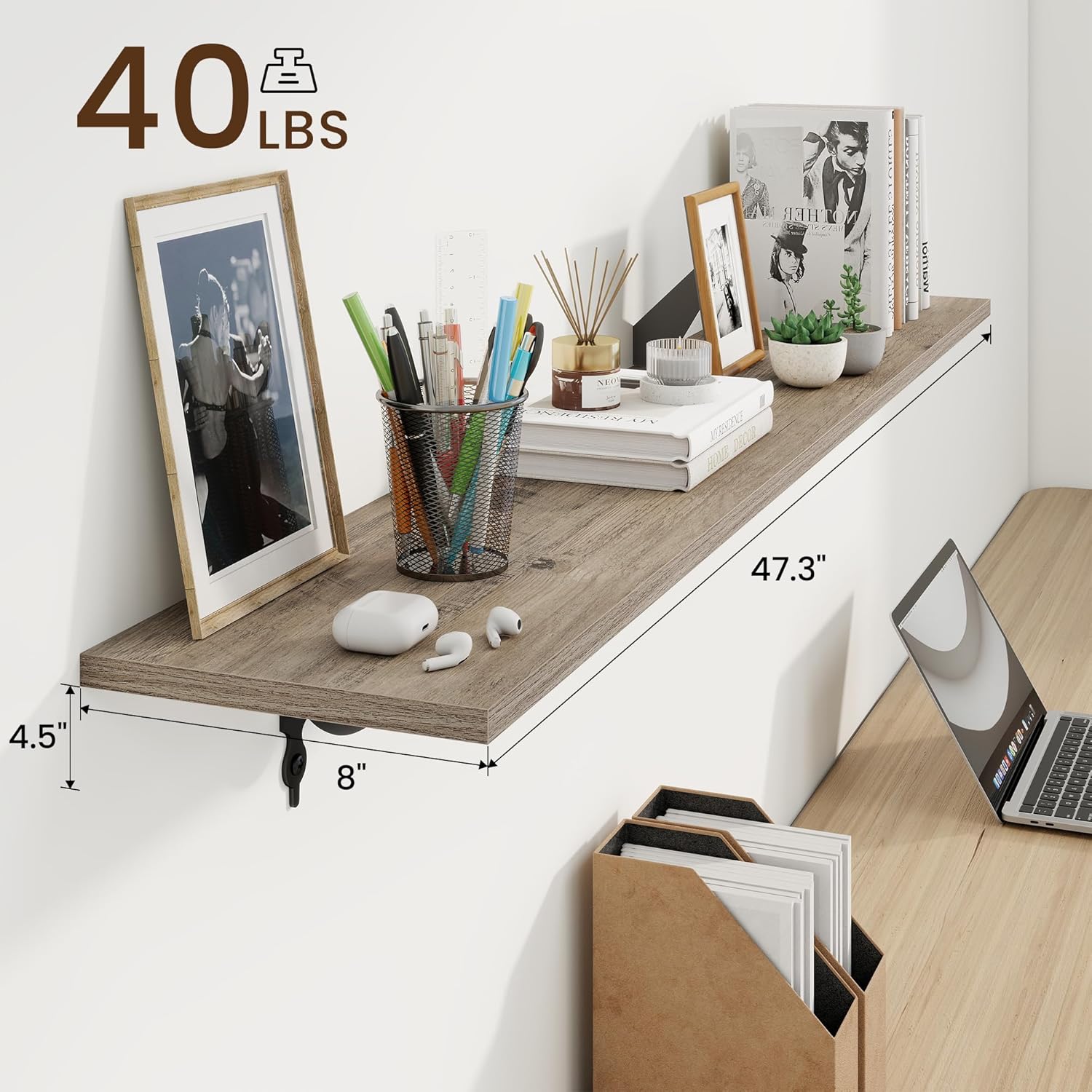 RICHFOCUS Floating Shelves for Wall Decor, 47.3W x 8D Shelves Set of 2, 8 Inch Deep Rustic Wood Shelves Wall Mounted with Brackets, Long Floating Shelves for Living Room Bedroom Kitchen, Grey