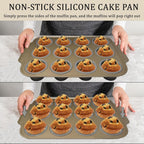 2 Pieces Carbon Steel 12 Hole Press Baking Silicone Cake Molds, Cupcake Baking Slices (12 Regular Sizes), Muffin Baking Sheets (Easy to Pop), Oven Safe Nonstick Non-Toxic Baking Pan