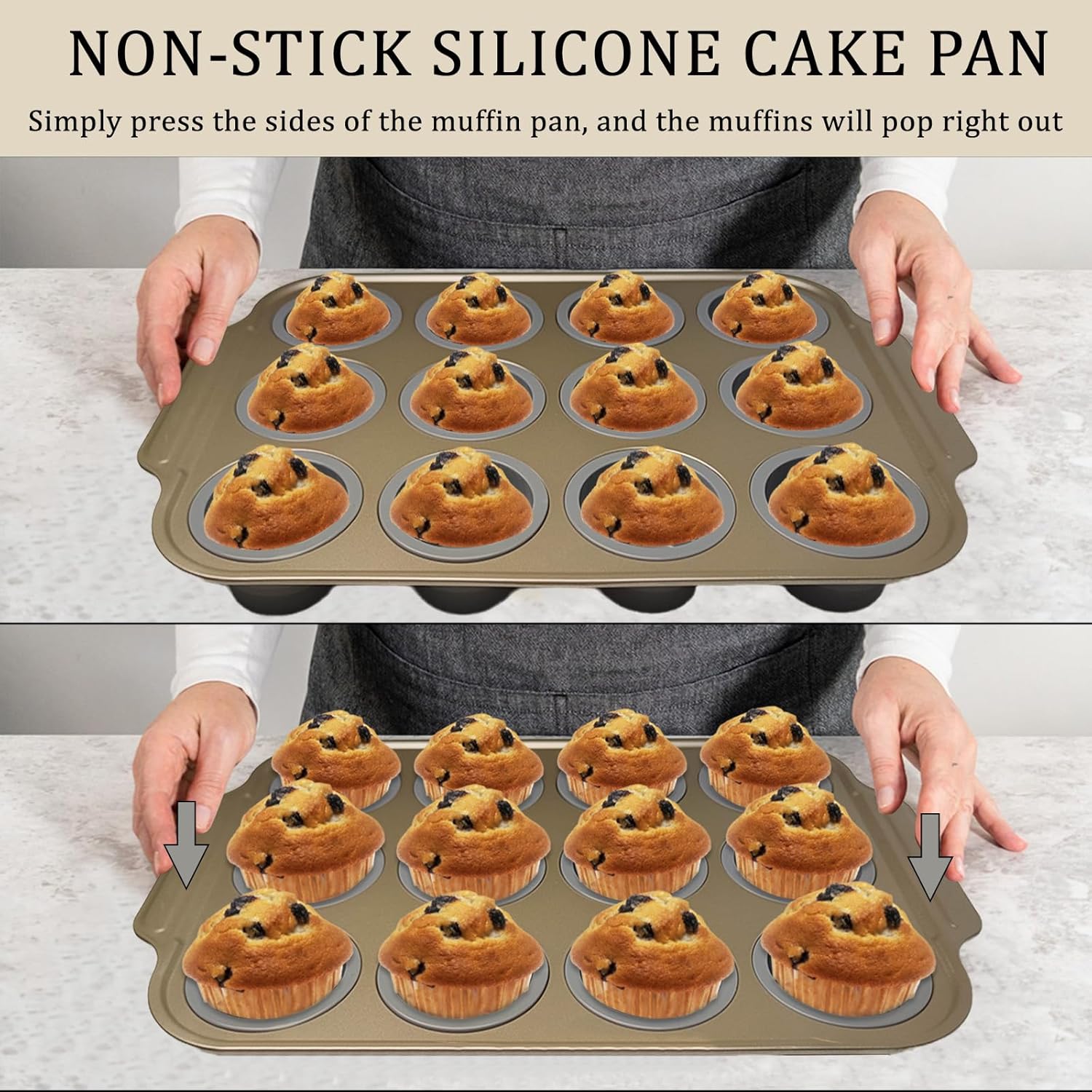2 Pieces Carbon Steel 12 Hole Press Baking Silicone Cake Molds, Cupcake Baking Slices (12 Regular Sizes), Muffin Baking Sheets (Easy to Pop), Oven Safe Nonstick Non-Toxic Baking Pan