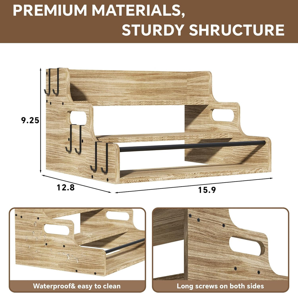 3-Tier Liquor Bottle Display Shelf, Bar Stand for Whiskey, Spirits, Coffee Syrup Rack Organizer, Countertop Wine Rack for Home, Mini Coffee Bar, Small Liquor Cabinet and Kitchen Light Brown