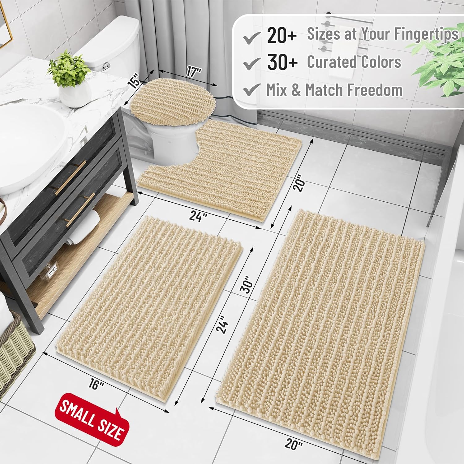 Arotive Luxury Chenille Bathroom Rug Mat, Extra Soft Thick Absorbent Shaggy Bath Rugs, Non-Slip Machine Wash Dry, Plush Bath Mats for Bathroom, Shower and Tub, 36x24, Cream Beige