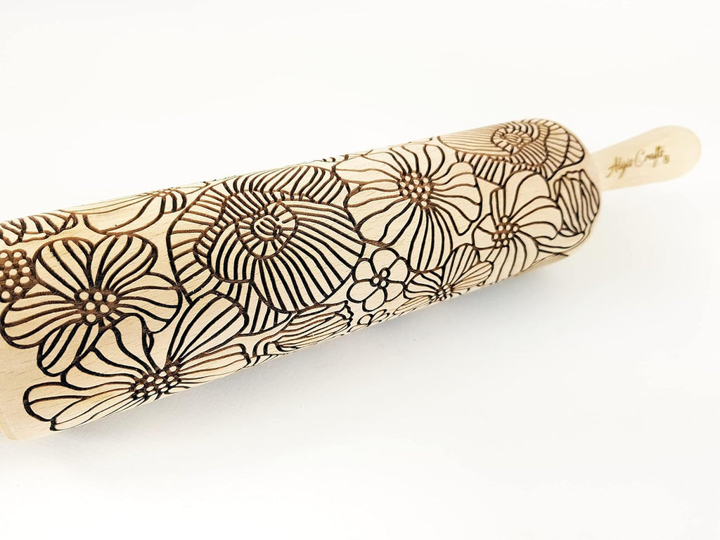POPPY Embossing Rolling Pin with Wildflower Corn Poppies Pattern. Dough roller for embossed cookies and Pottery by Algis Crafts