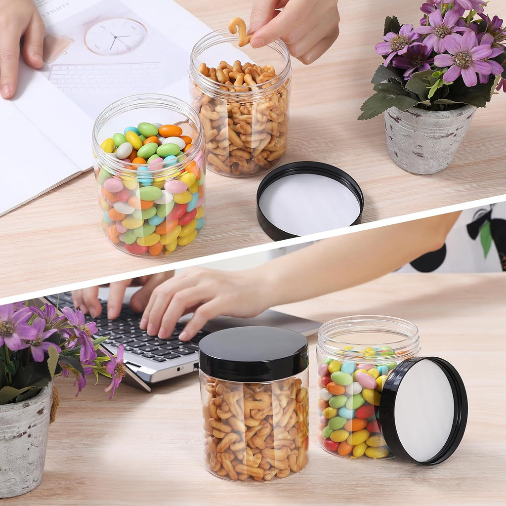 Plastic Jars with Lids, 16 oz Plastic Containers with Lids Clear Airtight Container Storage Jar Mason Jars for Dry Food Peanut Butter Honey Jam Cosmetics, Pack of 16 (16 PCS Black Lids)