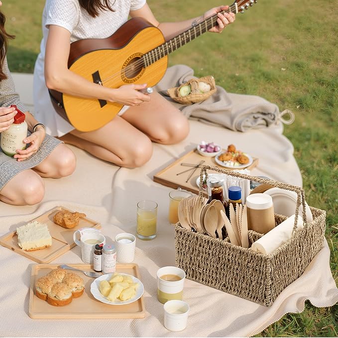StorageWorks Wicker Silverware Organizer with Handle, Seagrass Kitchen Utensil Holder, Large Utensil Holder for Kitchen Counter, Spoon Forks Knife Cutlery Caddy, Paper Plate Dispenser for Countertop