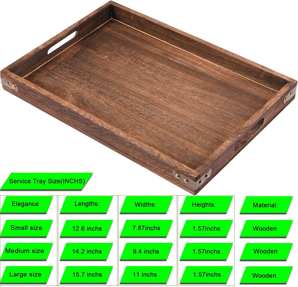 Wood Serving Tray, Rectangular Butler Serving Tray with Handle, Coffee Table Tray Decorative Tray for Tea, Coffee, Breakfast, Table Centerpieces 3 Pack