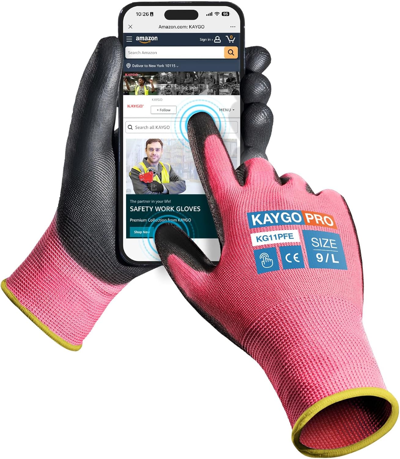 KAYGO Safety Work Gloves PU Coated for Men and Women- KG11PB,12 Pairs,Seamless Knit Glove with Two Fingers Touchscreen,Ideal for General Duty Work (L,Pink)