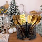 Silverware Holder Utensil Caddy - 360° Rotating Silverware Caddy 4 Compartment Metal Cutlery Organizer Fork Spoon Napkin Plastic Flatware Storage Basket Party Countertop Picnic Outdoor Black