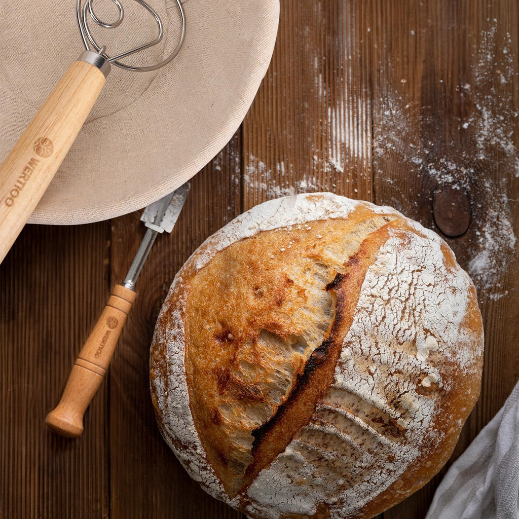 Banneton Bread Proofing Basket Set of 2, 9 Inch Round Sourdough Proofing Basket, Sourdough Starter Kit, Sourdough Bread Baking Supplies with Dough Scraper, Danish Dough Whisk, Bread Lame, Bowl Scraper