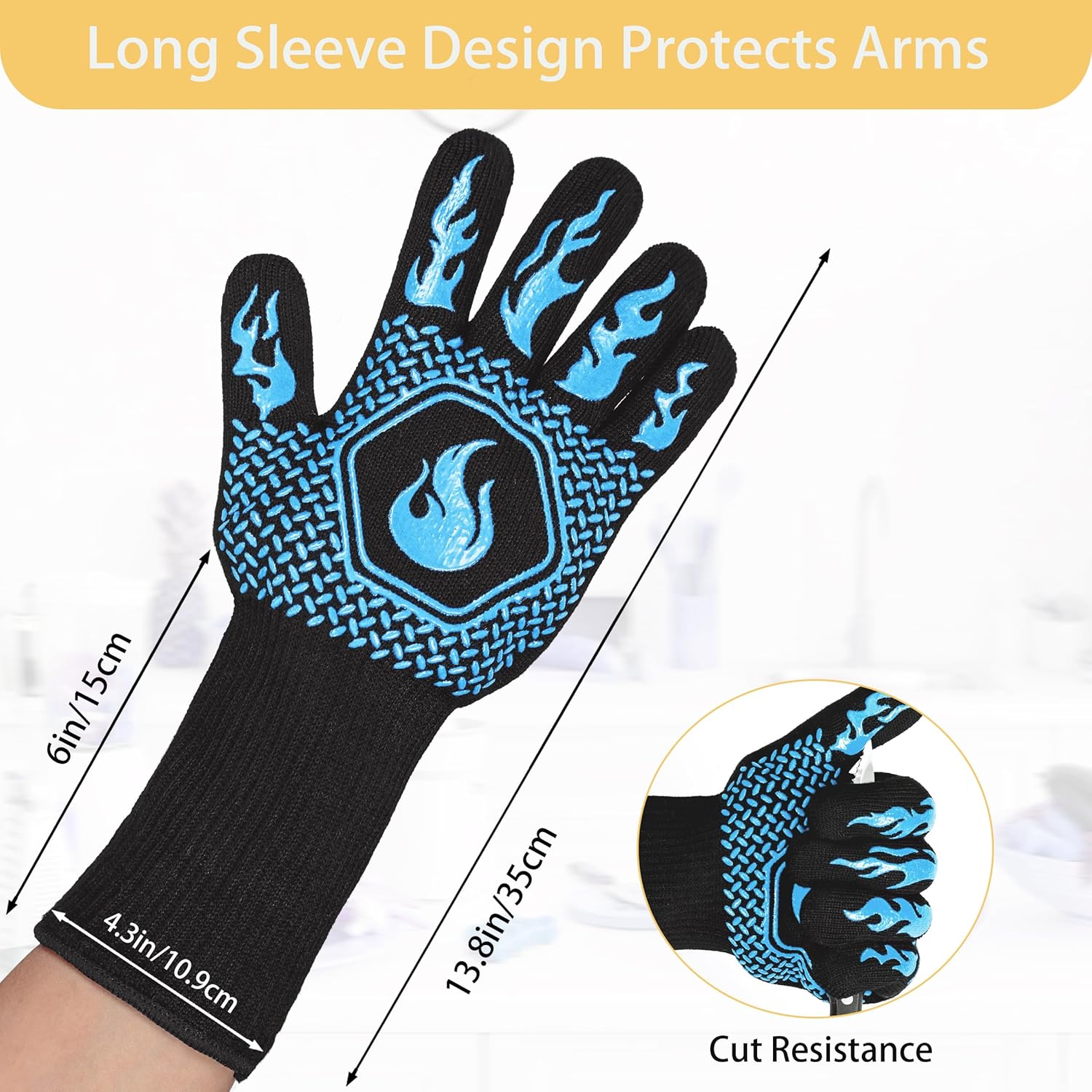 BBQ Fireproof Gloves, Grill Cut-Resistant Gloves 1472°F Heat Resistant Gloves, Non-Slip Silicone Oven Gloves, Kitchen Safe Cooking Gloves for Oven Mitts,Barbecue,Cooking, Frying,13.5 Inch-Sky Blue