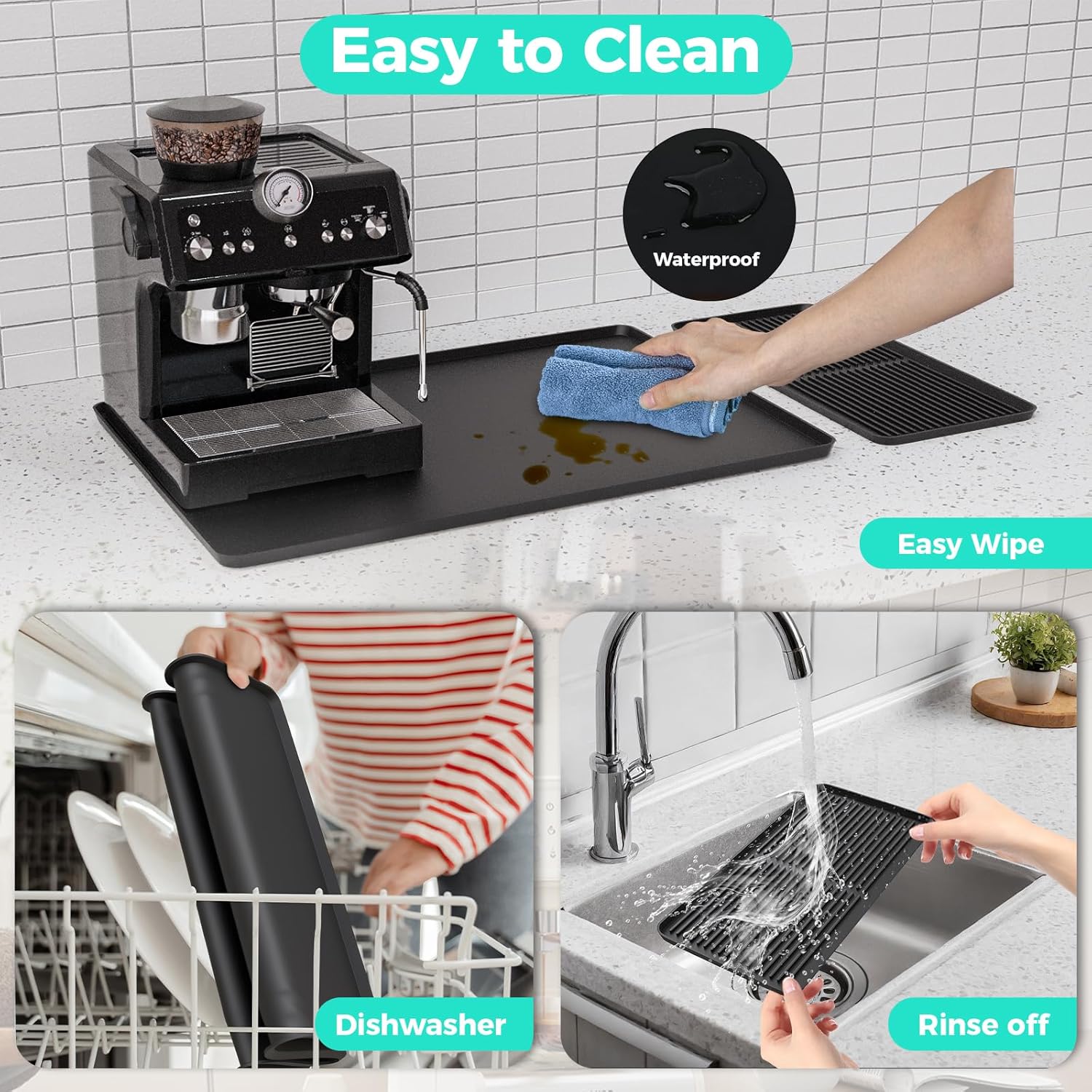 2-in-1 Coffee Mat & Dish Drying Mat Coffee Bar Mats for Countertop Coffees Matt for Counter Silicone Coffees Espresso Machine Station Mats Under coffee Maker Spill Mat Countertops Pot 24×16inch