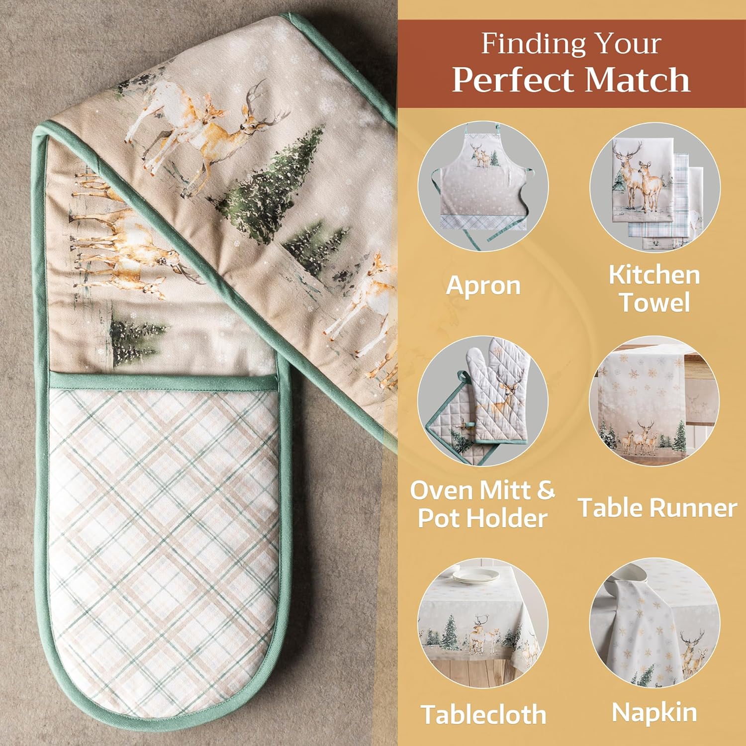 Maison d' Hermine Double Oven Mitt 100% Cotton Heat Resistant Cooking Gloves with Loop, Baking Barbeque, Handling Hot Pan, Deen in The Woods - Thanksgiving/Christmas (7 Inch x 35 Inch)